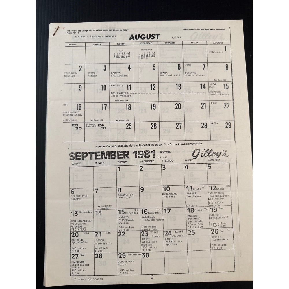 Vintage 1981 Santana Tour Itinerary Japan California Segment Rare Memorabilia